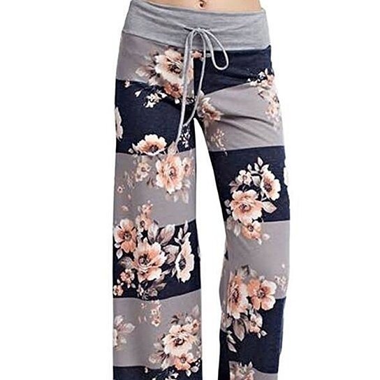 Women Casual Pants Floral Drawstring Wide Leg High Waist Palazzo Lounge Pants