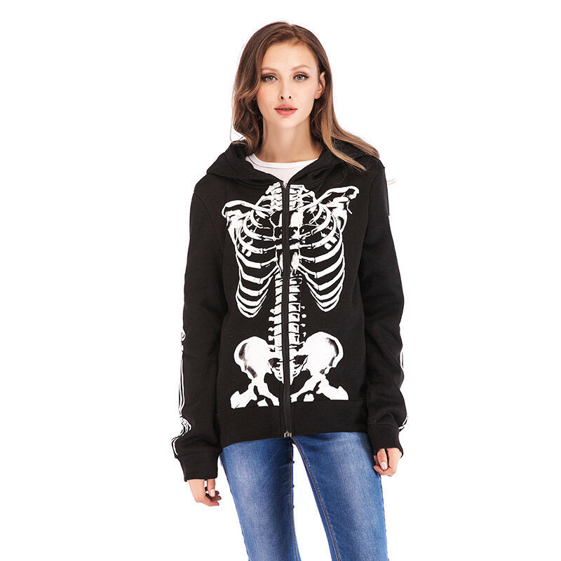 Women Hoodies 3D Printing Hooded Skull Sweatshirts Jacket with Two Pockets