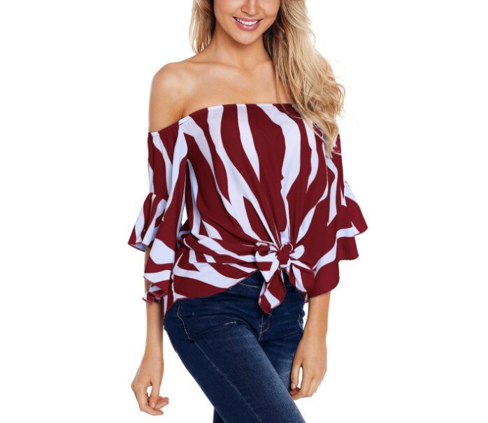 Chiffon Vertical Stripes Off Shoulder Tie Knot Casual Blouse