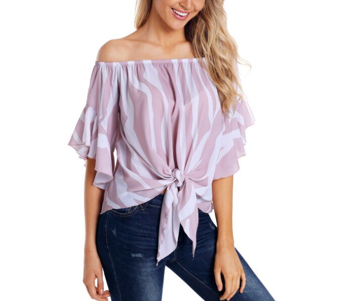 Chiffon Vertical Stripes Off Shoulder Tie Knot Casual Blouse