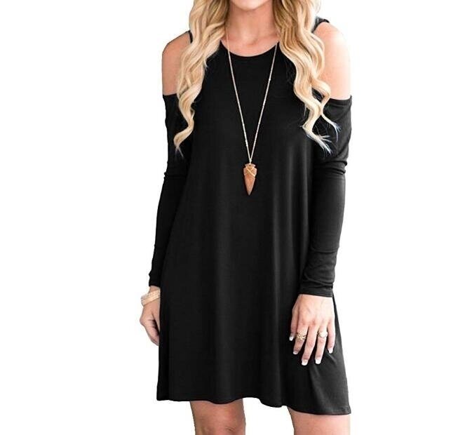 Women's Cold Shoulder Tunic Top Swing T-Shirt Loose Dress with Pockets