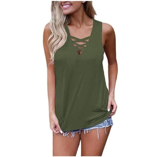 Women's Tank Sleeveless Criss Cross Casual Tank Tops Basic Lace up Blouse