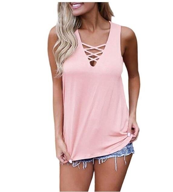 Women's Tank Sleeveless Criss Cross Casual Tank Tops Basic Lace up Blouse