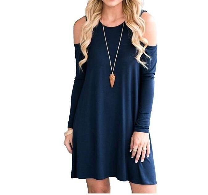 Women's Cold Shoulder Tunic Top Swing T-Shirt Loose Dress with Pockets