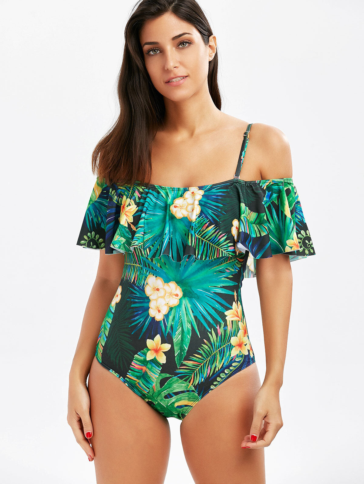 Women One Piece Vintage Printed Off Shoulder Flounce Ruffled Monokini Swimsuits