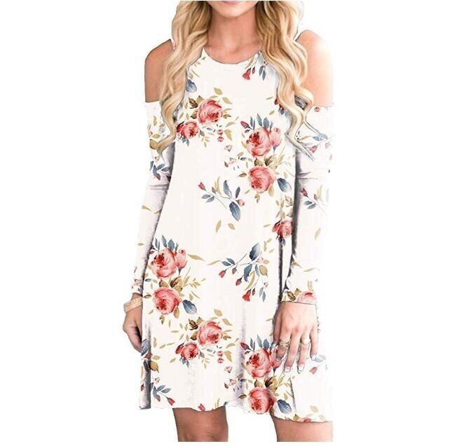 Women's Flower T-Shirt Long Sleeve Cold Shoulder Tunic Top Swing Loose Dress