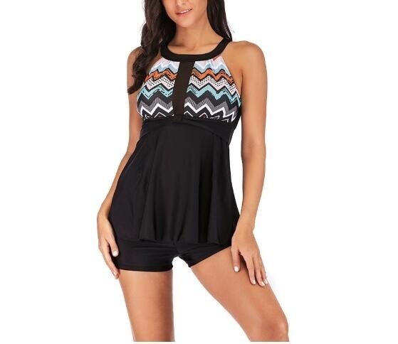 Striped Printed Strappy T-Back Tankini Top with Shorts