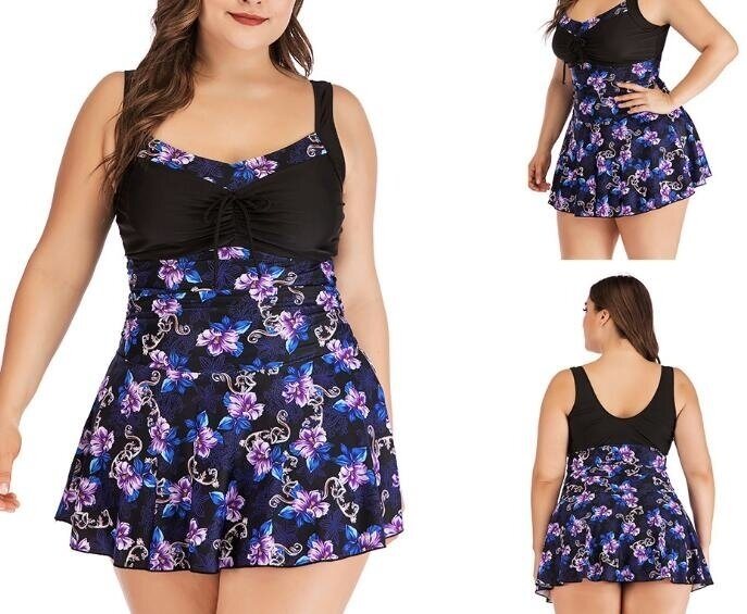 Women Flower Print Strap Flowy Tankini Top Swing Swimwear