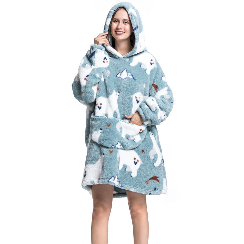 Adult Hooded Animal Nightgown Flannel Blanket Women Fleece Warm Pajamas Pullover Sweater Soft Comfortable Spring Autumn Winter