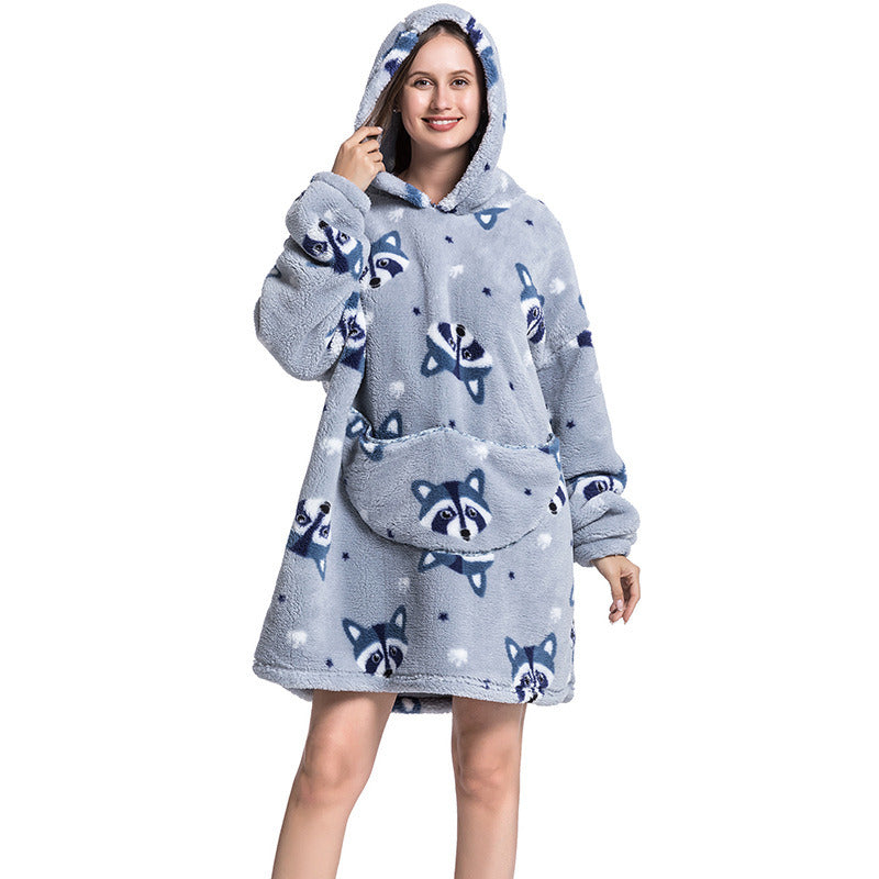 Adult Hooded Animal Nightgown Flannel Blanket Women Fleece Warm Pajamas Pullover Sweater Soft Comfortable Spring Autumn Winter