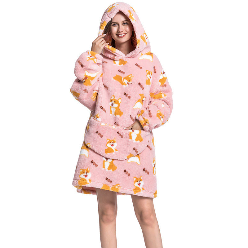 Adult Hooded Animal Nightgown Flannel Blanket Women Fleece Warm Pajamas Pullover Sweater Soft Comfortable Spring Autumn Winter