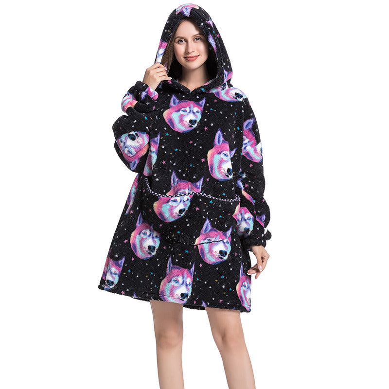 Adult Hooded Animal Nightgown Flannel Blanket Women Fleece Warm Pajamas Pullover Sweater Soft Comfortable Spring Autumn Winter