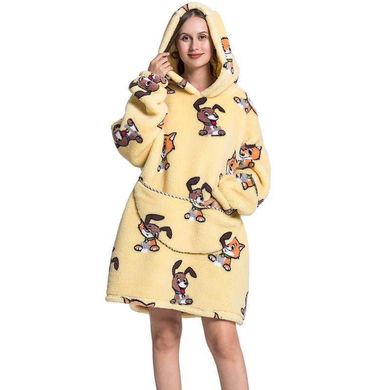 Adult Hooded Animal Nightgown Flannel Blanket Women Fleece Warm Pajamas Pullover Sweater Soft Comfortable Spring Autumn Winter