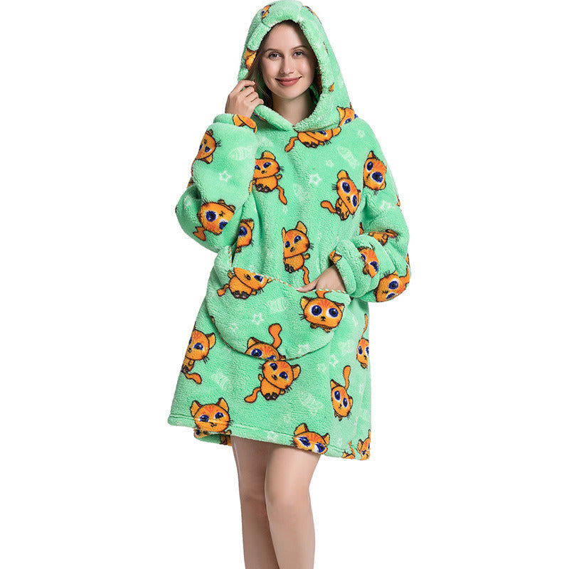 Adult Hooded Animal Nightgown Flannel Blanket Women Fleece Warm Pajamas Pullover Sweater Soft Comfortable Spring Autumn Winter