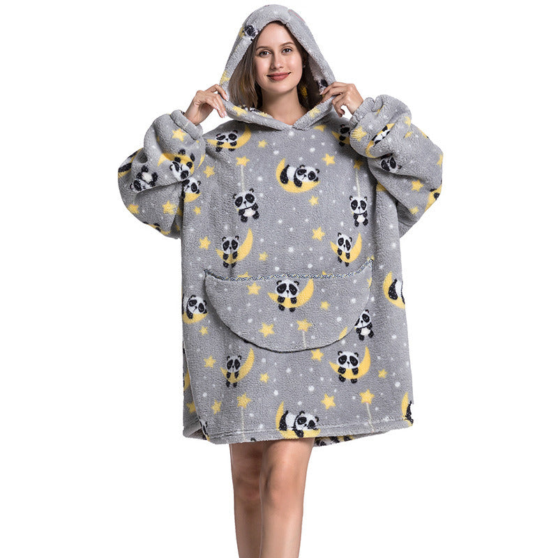 Adult Hooded Animal Nightgown Flannel Blanket Women Fleece Warm Pajamas Pullover Sweater Soft Comfortable Spring Autumn Winter