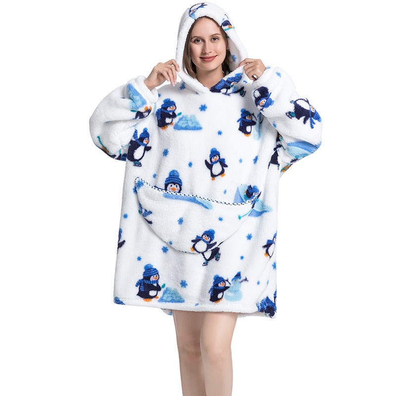 Adult Hooded Animal Nightgown Flannel Blanket Women Fleece Warm Pajamas Pullover Sweater Soft Comfortable Spring Autumn Winter