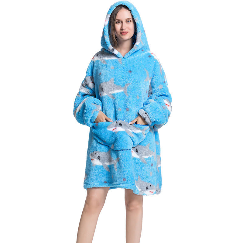 Adult Hooded Animal Nightgown Flannel Blanket Women Fleece Warm Pajamas Pullover Sweater Soft Comfortable Spring Autumn Winter