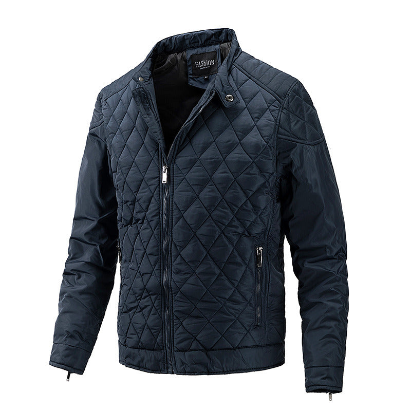 Men's Light Thin Quilted Jackets Vintage Casual Diamond Plaid Stand Collar Coats Regular Fit Fashion Trend Autumn Winter Spring