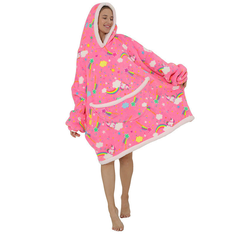 Adult Hooded Animal Fleece Warm Pajamas Flannel Blanket Nightgown Women Pullover Sweater Soft Comfortable Spring Autumn Winter