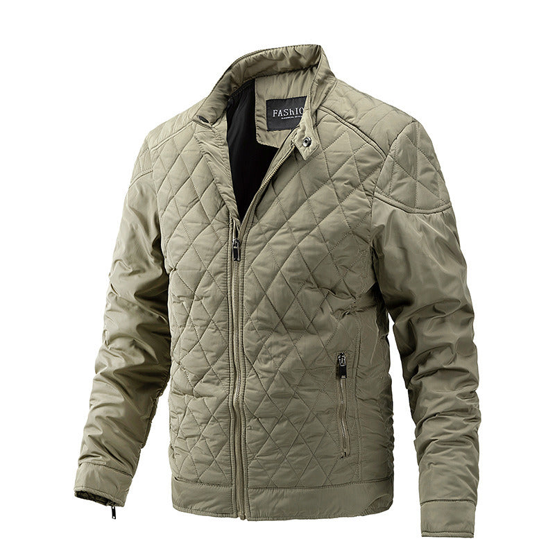 Men's Light Thin Quilted Jackets Vintage Casual Diamond Plaid Stand Collar Coats Regular Fit Fashion Trend Autumn Winter Spring