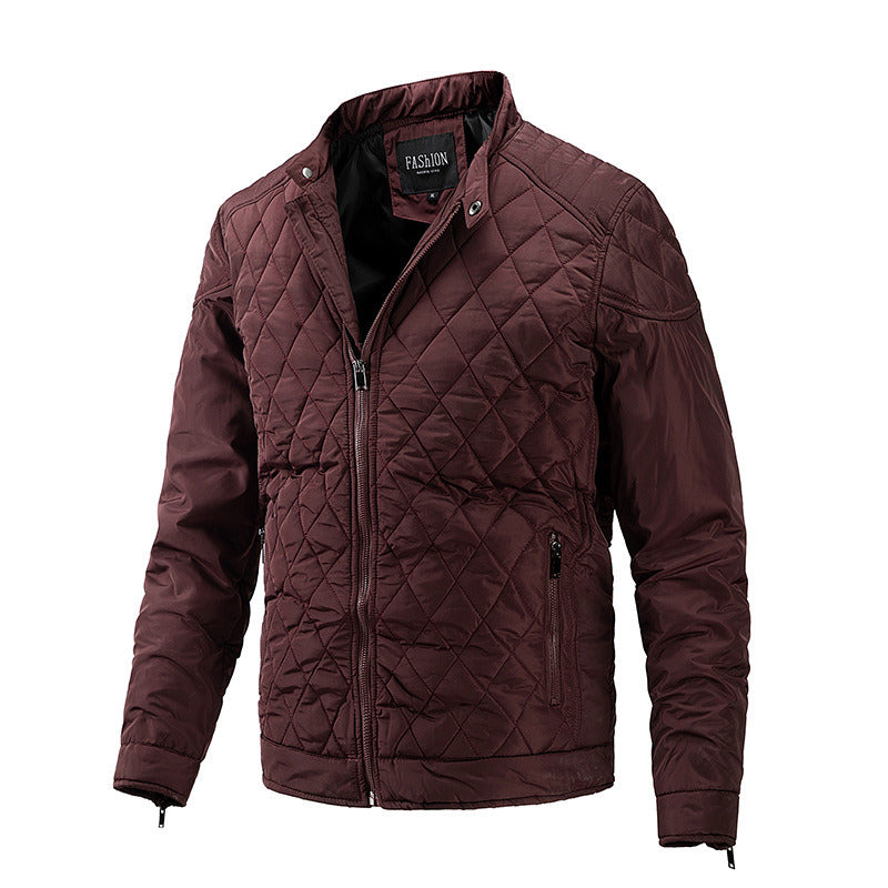 Men's Light Thin Quilted Jackets Vintage Casual Diamond Plaid Stand Collar Coats Regular Fit Fashion Trend Autumn Winter Spring
