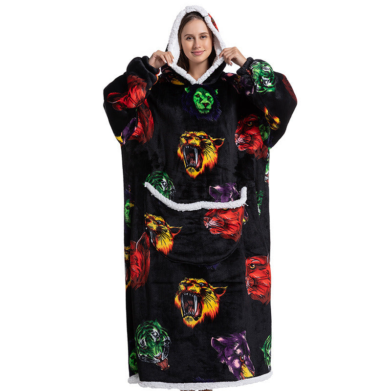 Adult Thick Hooded Animal Nightgown Women Flannel Pajama Fleece Warm Blanket Cute Pullover Soft Comfortable Spring Autumn Winter