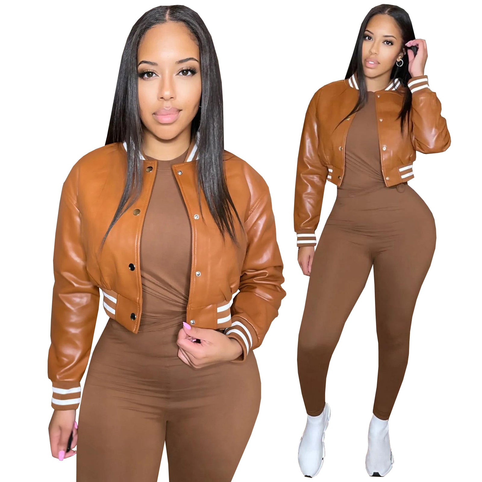 Thread Elasticity Faux Leather Baseball Women Jacket