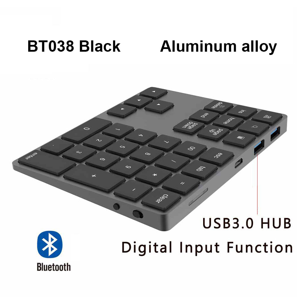 Aluminum Alloy Bluetooth Wireless Numeric Keypad with USB HUB Digital Input Function for Windows; Mac OS; Android laptop PC