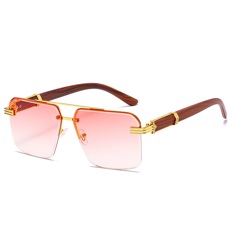 Women Sunglasses Fashion Square Sunglass Wood Grain Mirror Legs Sun Glasses Retro Double Bridge UV400 Shades Eyewear