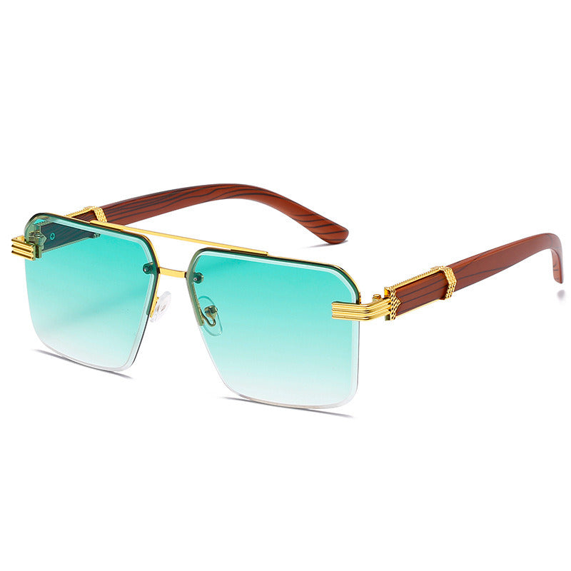 Women Sunglasses Fashion Square Sunglass Wood Grain Mirror Legs Sun Glasses Retro Double Bridge UV400 Shades Eyewear