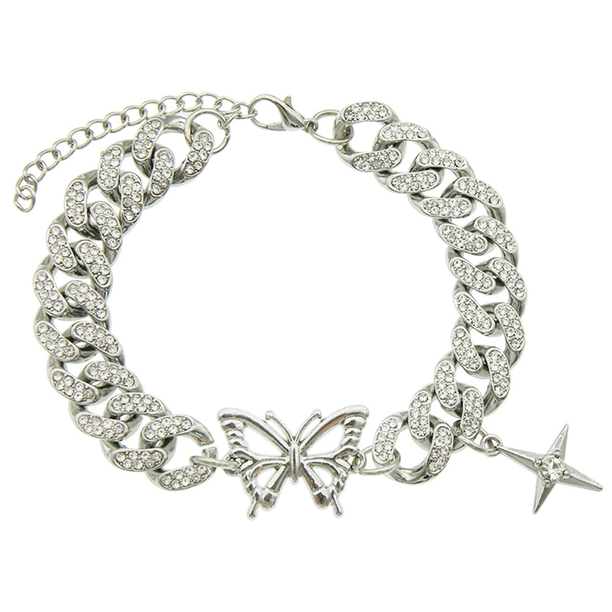 Shiny Rhinestone Butterfly Hip Hop Cuban Link Chain Bracelet for Women Men Party Rave Bracelet Jewelry