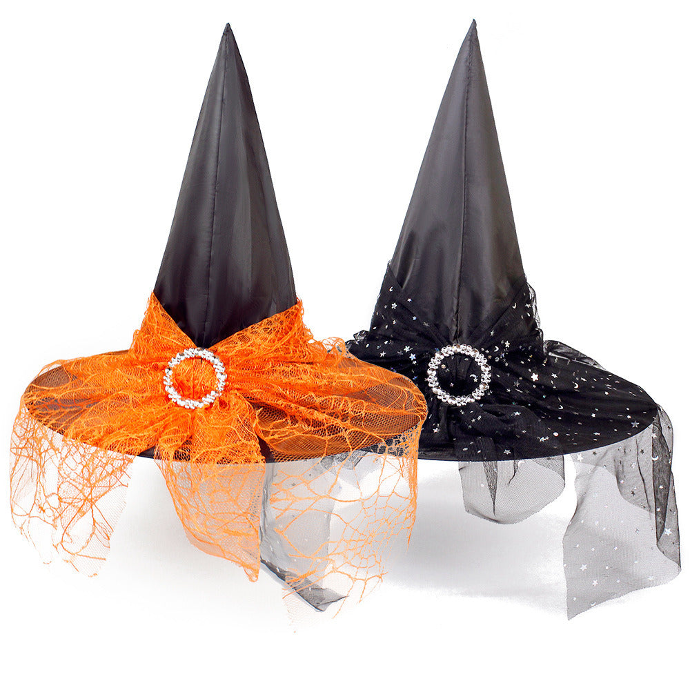 2 Pcs Women's Halloween Vintage Witch Hat Lace Veils Printed Hats