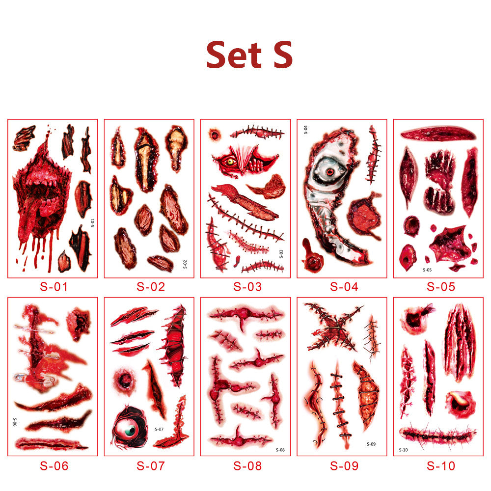 10 Pcs Halloween Temporary Tattoo Stickers Realistic Fake Bloody Scar Prop