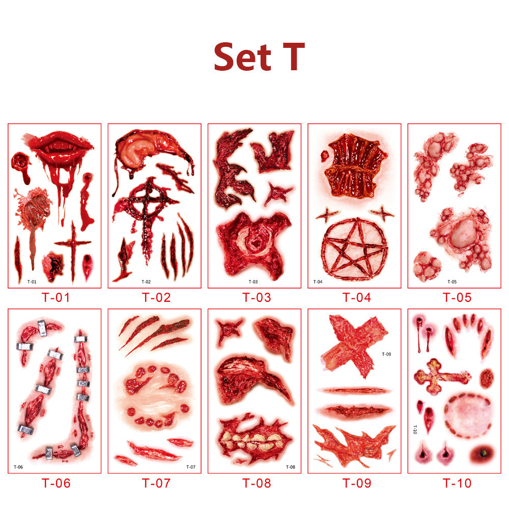 10 Pcs Halloween Temporary Tattoo Stickers Realistic Fake Bloody Scar Prop