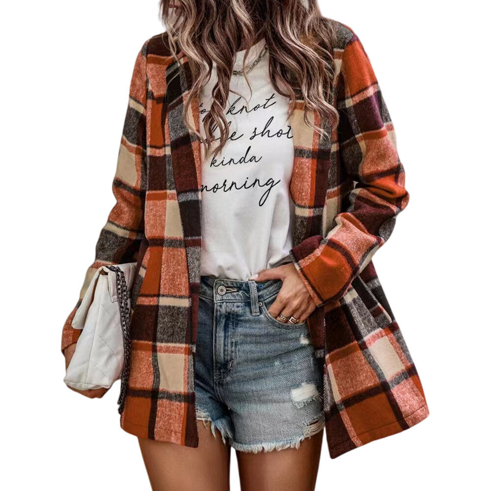 Women's Loose Check Pocket Wool Jacket Cardigan Lapel Top