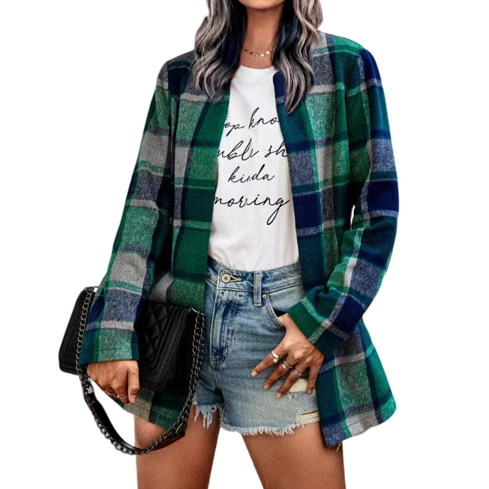 Women's Loose Check Pocket Wool Jacket Cardigan Lapel Top