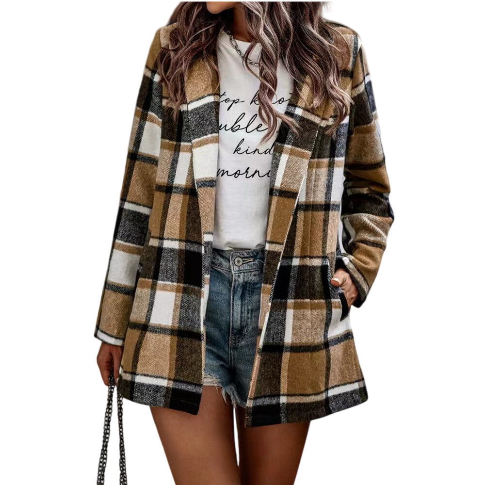 Women's Loose Check Pocket Wool Jacket Cardigan Lapel Top