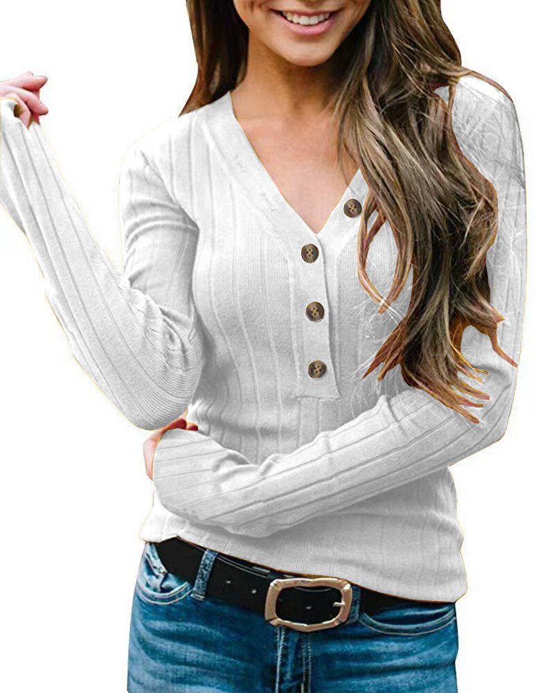 Women's V-Neck Button Solid Color Knitted Sweater