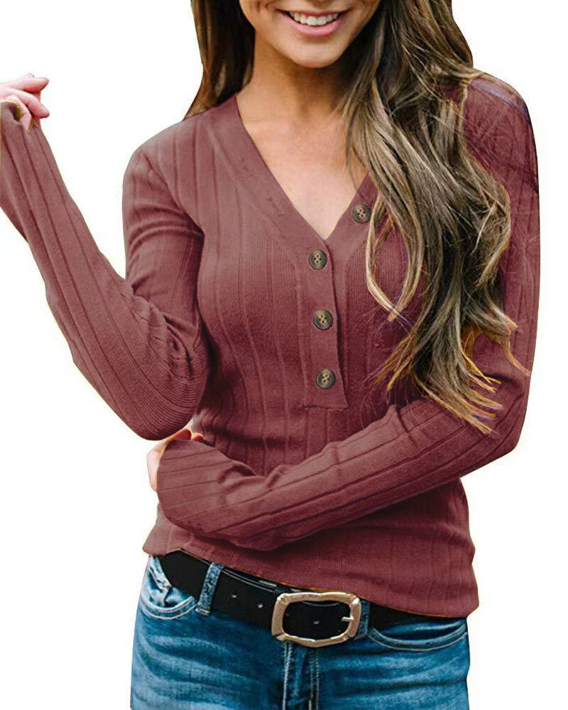 Women's V-Neck Button Solid Color Knitted Sweater