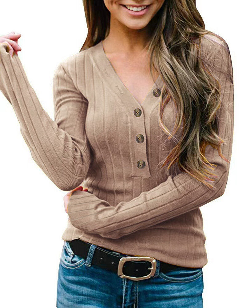 Women's V-Neck Button Solid Color Knitted Sweater