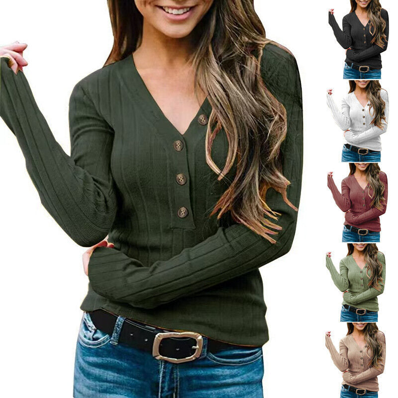Women's V-Neck Button Solid Color Knitted Sweater