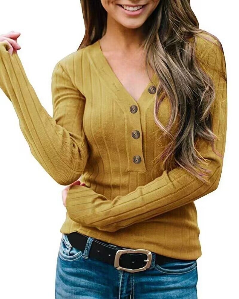 Women's V-Neck Button Solid Color Knitted Sweater