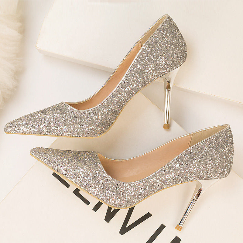 Four Seasons Fine High Heels Women 9cm Elegant Ladies Gradient Sequins Pointed Toe Wedding Bridesmaid Shoes Party Banquet Daily