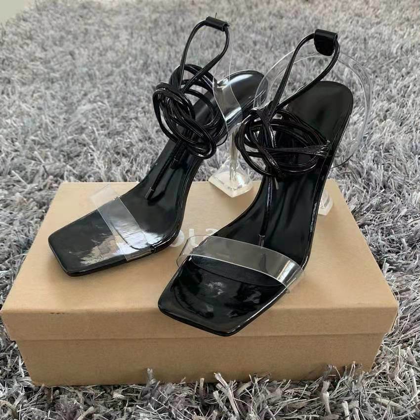 Summer Plus Size 35-43 Fine High Heels Women Sandals Transparent Luxury Elegant Ankle Strap Pump Square Toe Sexy Fashion Shoes