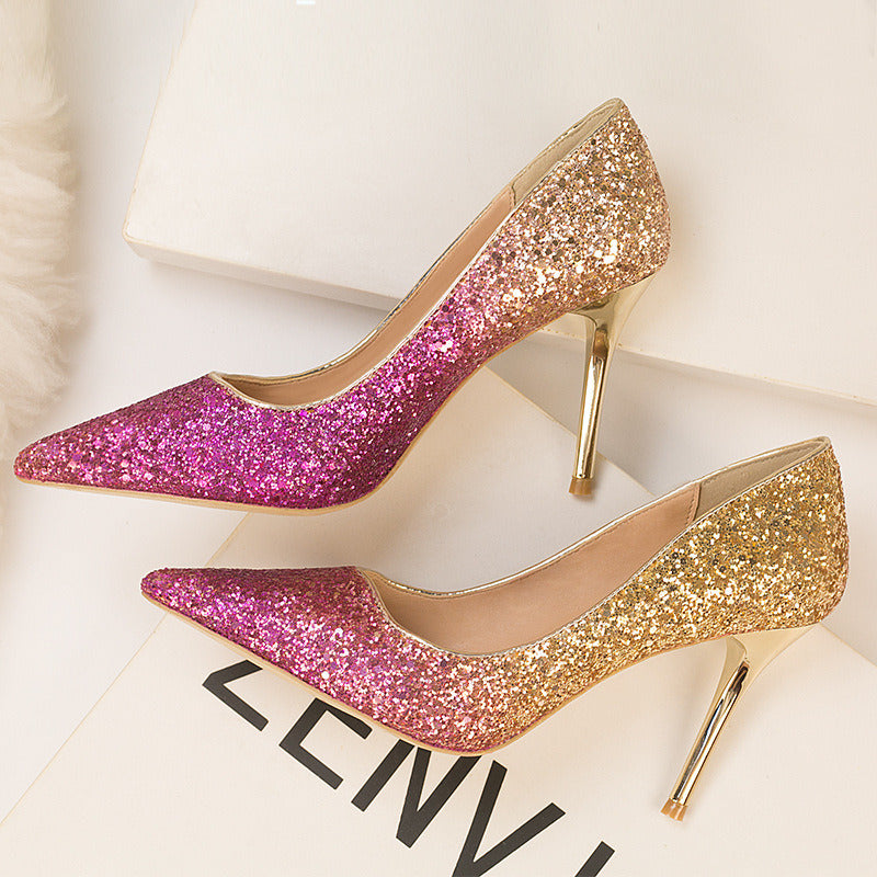 Four Seasons Fine High Heels Women 9cm Elegant Ladies Gradient Sequins Pointed Toe Wedding Bridesmaid Shoes Party Banquet Daily