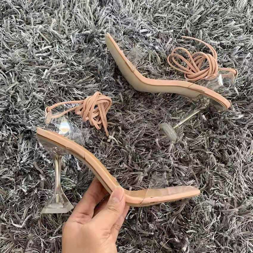 Summer Plus Size 35-43 Fine High Heels Women Sandals Transparent Luxury Elegant Ankle Strap Pump Square Toe Sexy Fashion Shoes