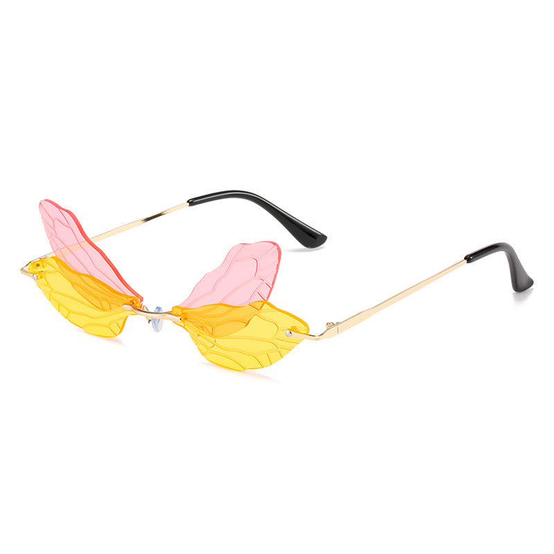 Fashion Dragonfly Wings Sunglasses Women Rimless Glasses Retro Sunglass Luxury Designer Eyewear UV400 Sun Glass Colorful Shades