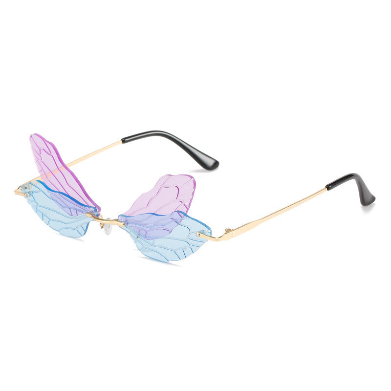 Fashion Dragonfly Wings Sunglasses Women Rimless Glasses Retro Sunglass Luxury Designer Eyewear UV400 Sun Glass Colorful Shades