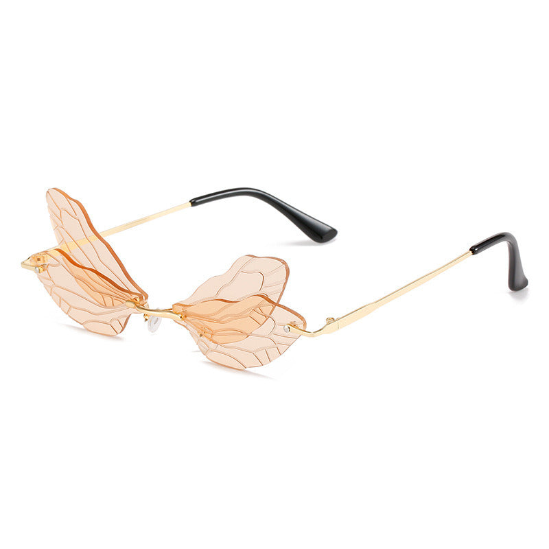 Fashion Dragonfly Wings Sunglasses Women Rimless Glasses Retro Sunglass Luxury Designer Eyewear UV400 Sun Glass Colorful Shades