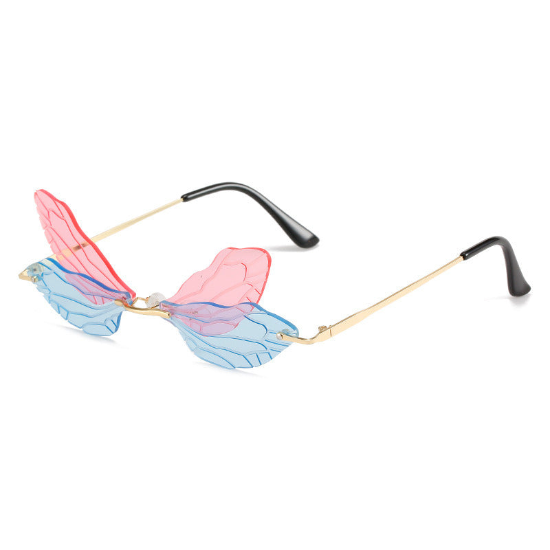 Fashion Dragonfly Wings Sunglasses Women Rimless Glasses Retro Sunglass Luxury Designer Eyewear UV400 Sun Glass Colorful Shades